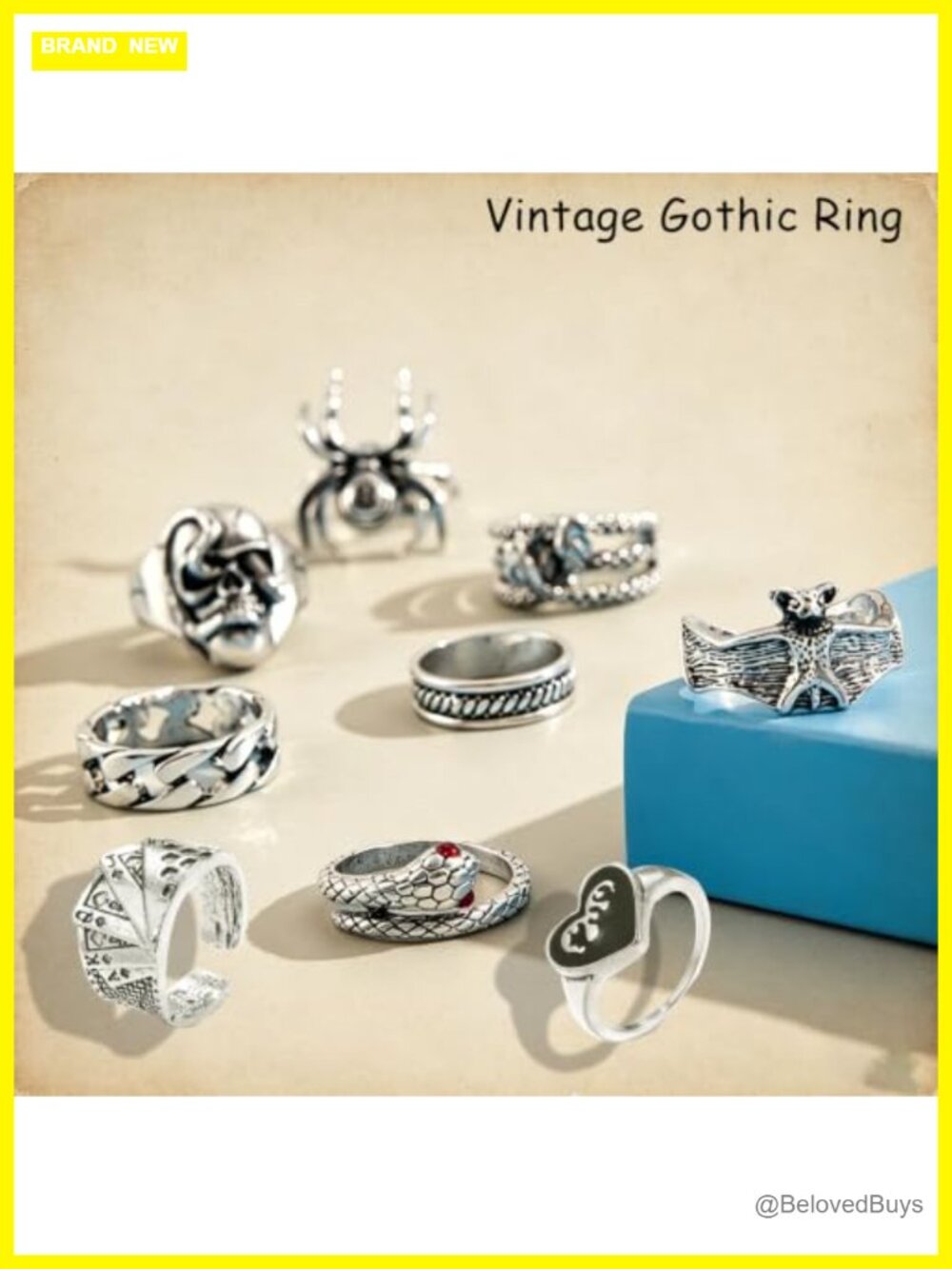 Gothic Punk Stackable Rings Set Silver Tone Adjustable - Picture 4 of 5